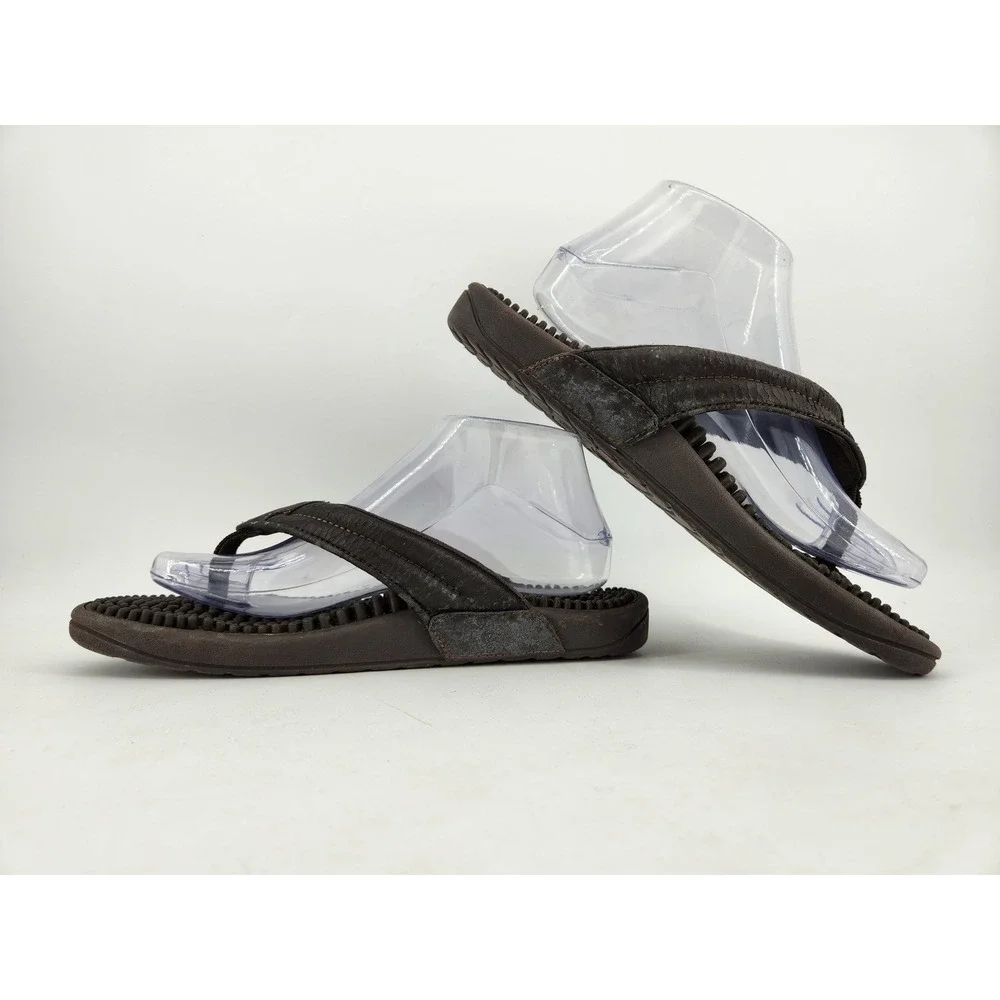 Kenkoh Spirit V Flip Flop Sandals Mens 9 Brown Leather Acupressure Massage 2314